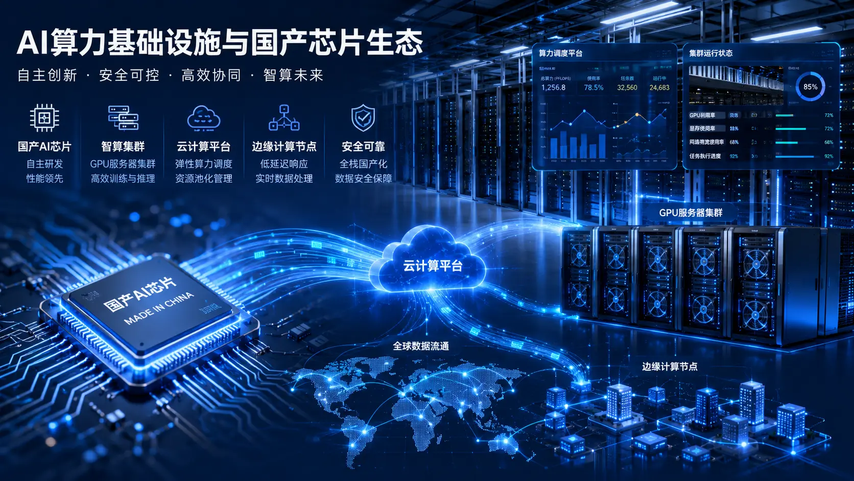 AI算力基础设施场景,展示国产AI芯片、数据中心、云计算平台与边缘计算协同网络.webp