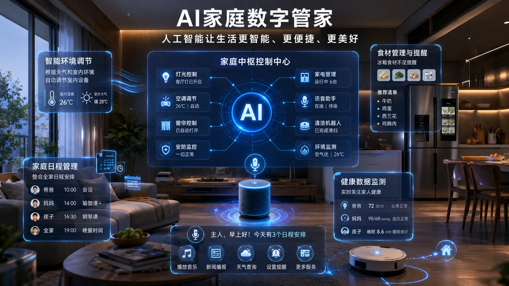 AI家庭数字管家场景图，展示人工智能管理智能家居、家庭日程、健康数据和生活服务的未来生活应用。.webp
