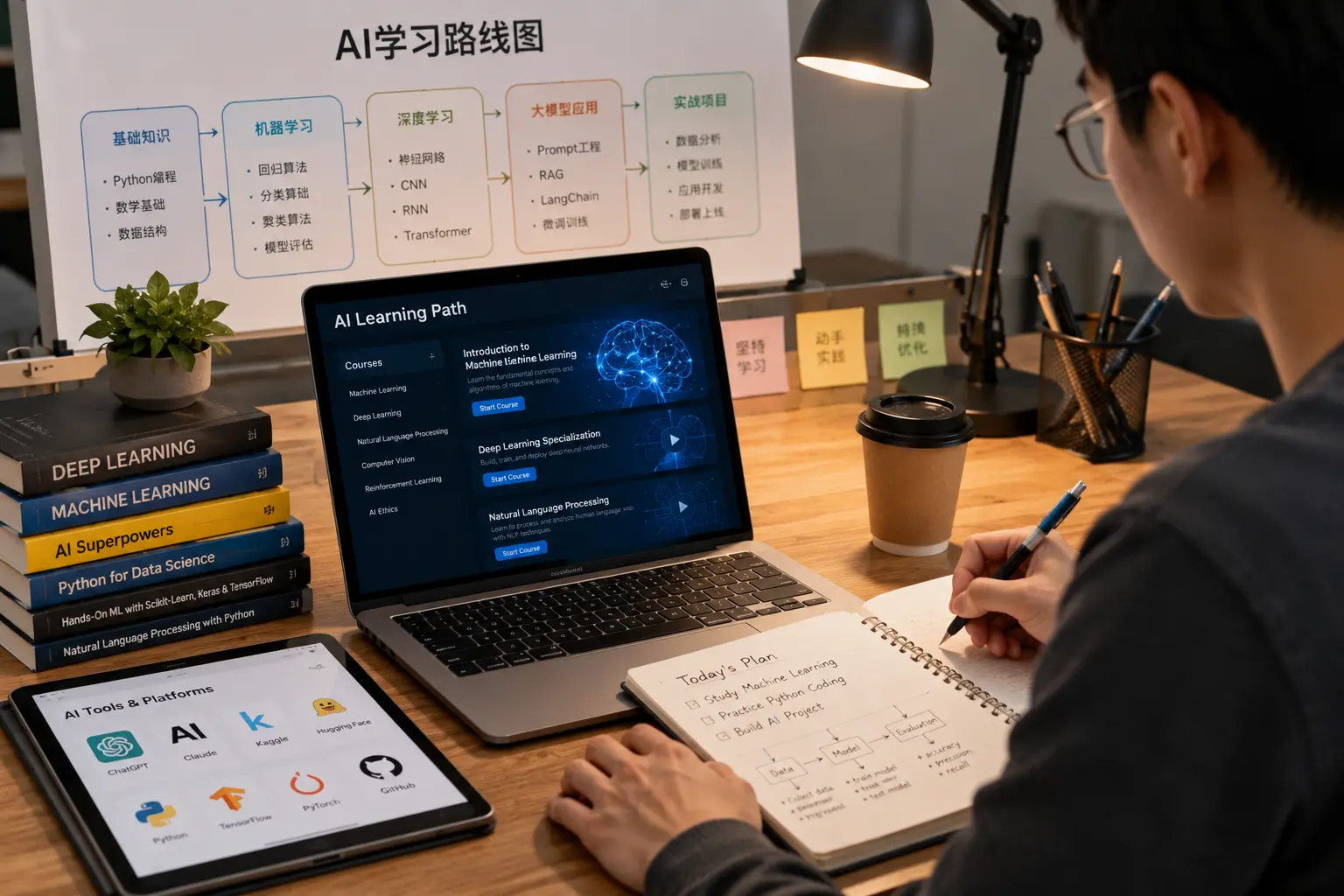 AI学习资源导航场景展示人工智能学习路线图、机器学习课程、Python编程、大模型应用和AI工具实战学习环境.webp