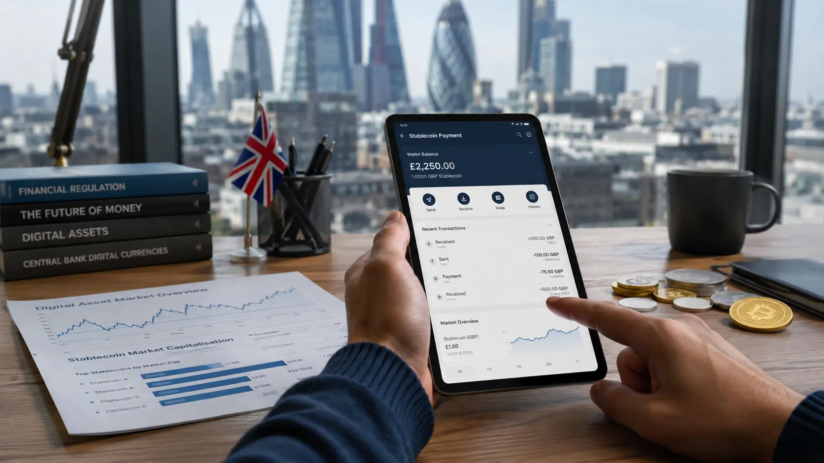 英国伦敦金融办公场景中，用户通过平板查看稳定币支付界面和数字资产市场数据，展现稳定币监管新阶段下的支付应用与加密市场变化。.webp