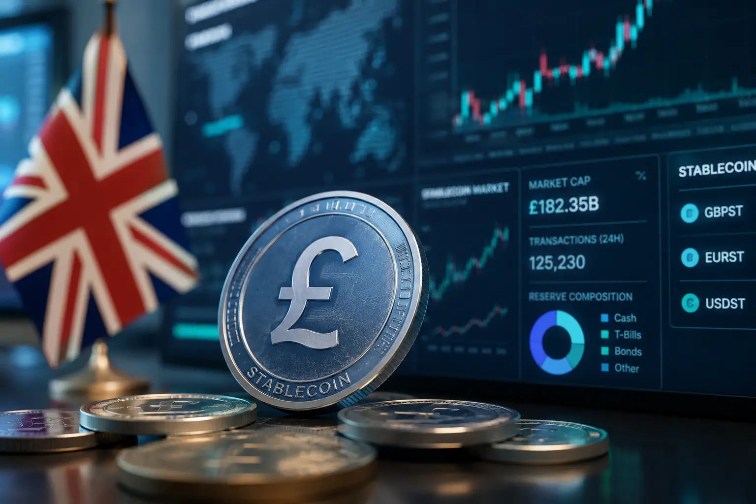 英国稳定币监管配图：英镑稳定币与英国国旗出现在金融数据看板前，屏幕展示市场规模、交易量和储备构成图表，体现英国央行稳定币规则调整与全球加密市场监管变化。.webp