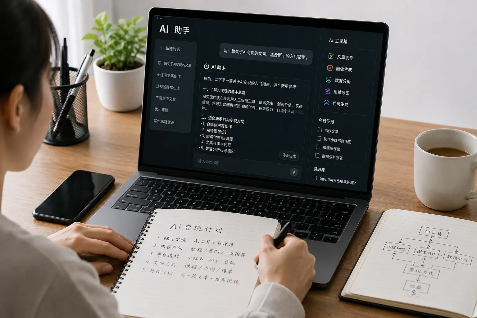 AI变现计划与内容创作工具使用场景图.webp