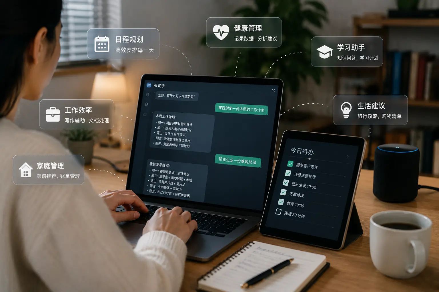 AI生活实验室配图，展示AI助手辅助日程规划、办公效率、家庭管理和学习生活场景.webp
