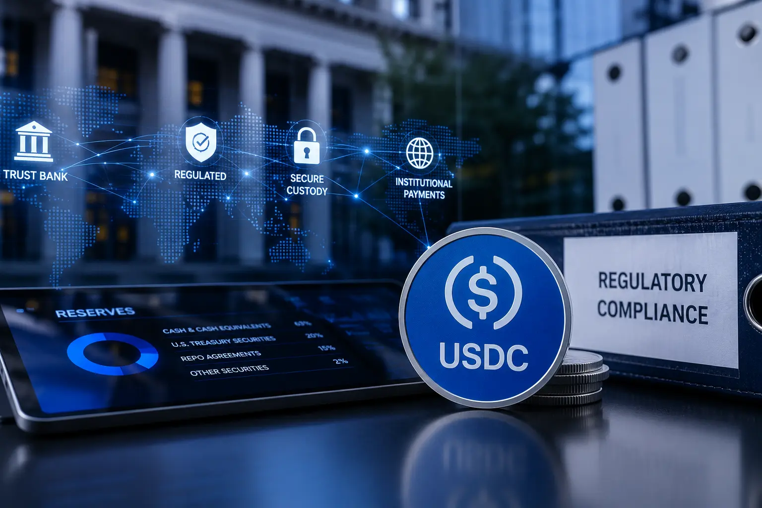 USDC稳定币配图，展示储备托管、监管合规、信托银行和机构支付网络场景.webp