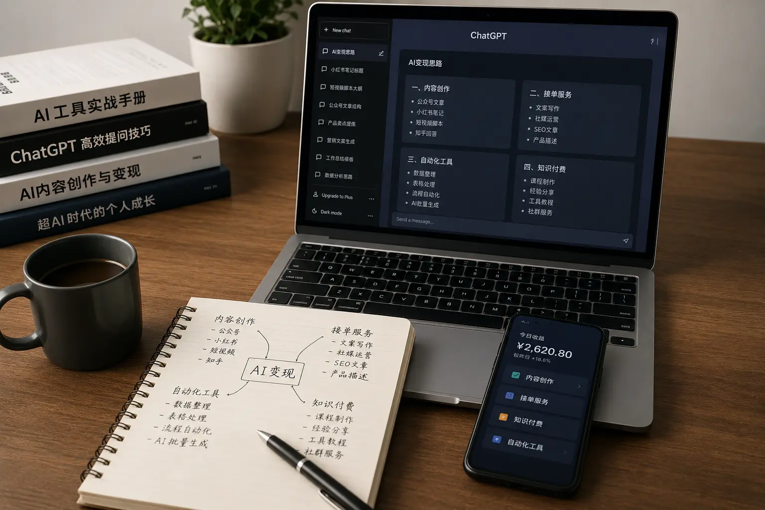 AI变现指南配图，展示ChatGPT工具界面、AI变现思路笔记、内容创作接单和副业收益记录场景.webp