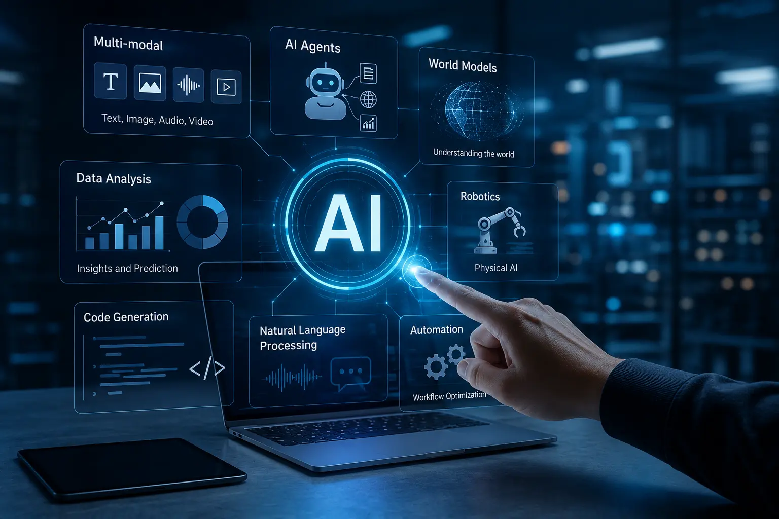 AI前沿技术配图，展示多模态AI、AI智能体、世界模型、机器人、代码生成、数据分析和自动化工作流界面.webp