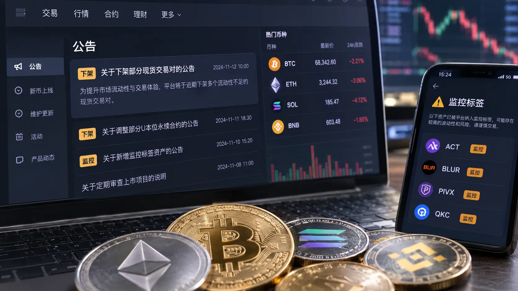 数字资产平台发布交易对下架与监控标签公告.webp