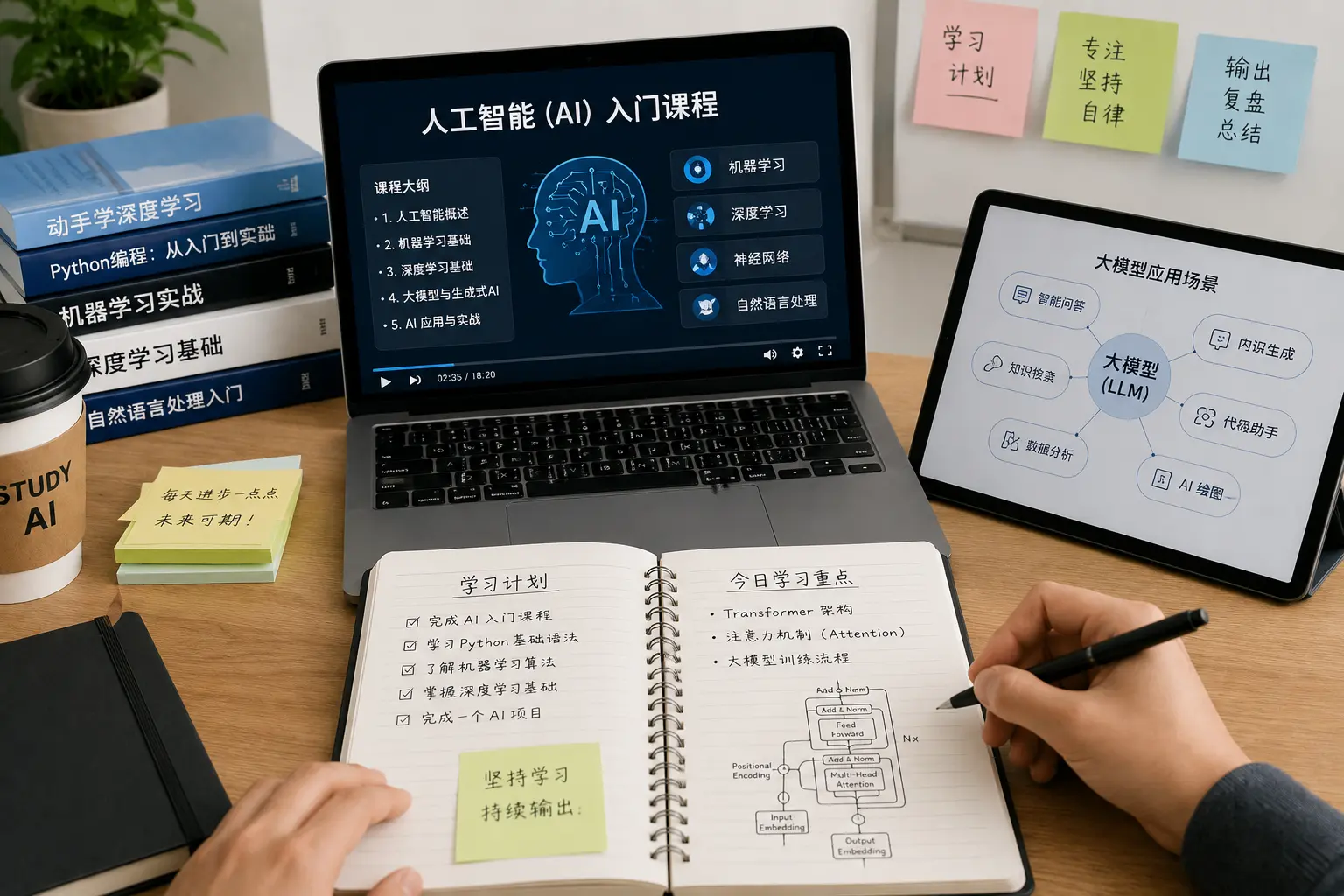 用户通过AI课程、编程书籍与学习笔记规划人工智能学习路线.webp
