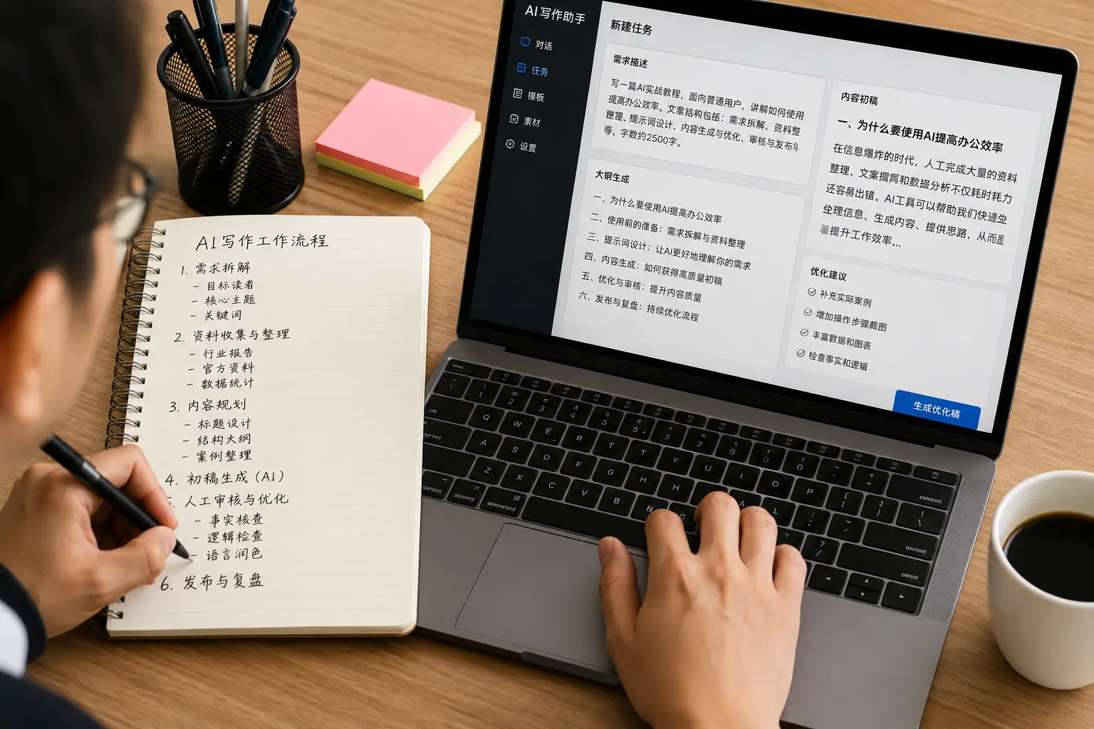 用户结合AI写作助手与手写笔记完成需求拆解、内容生成和审核优化.webp
