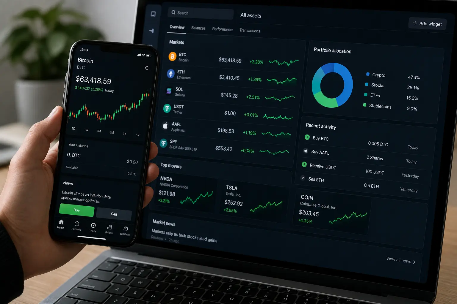 手机与电脑展示股票、ETF、比特币和USDT组成的全资产账户.webp