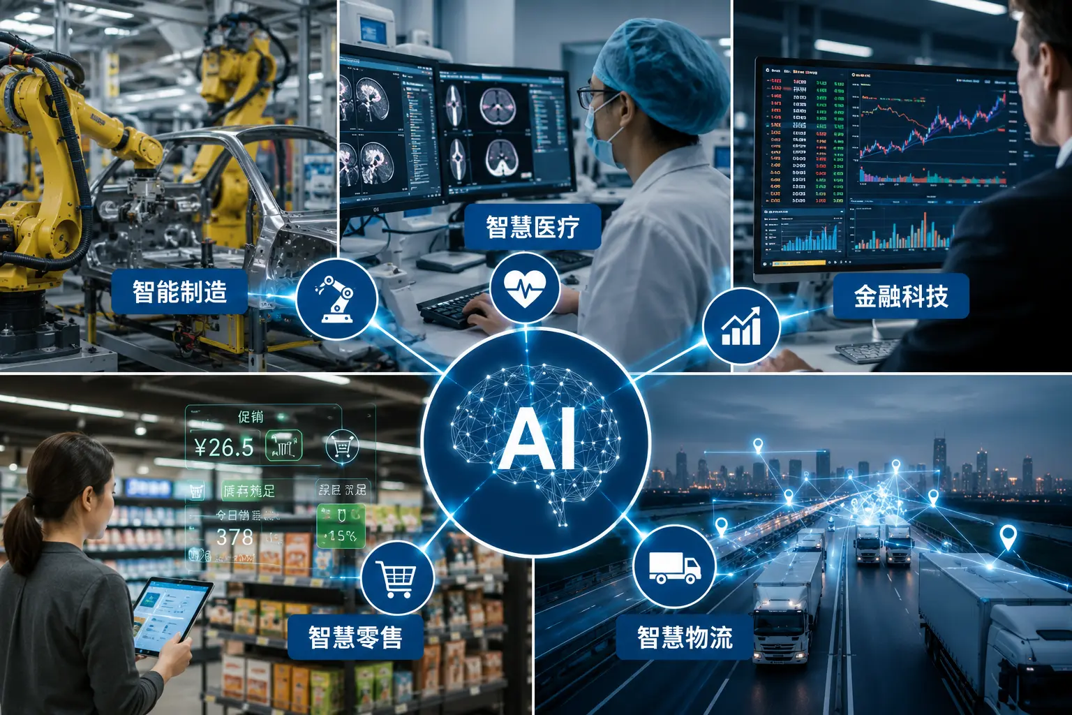 AI技术应用于智能制造、智慧医疗、金融科技、智慧零售与智能物流等产业场景.webp