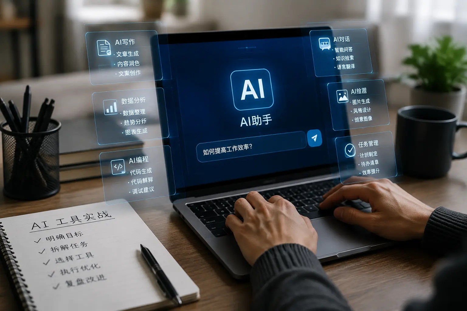 AI工具实战场景,电脑展示人工智能写作、数据分析与自动化办公应用界面.webp
